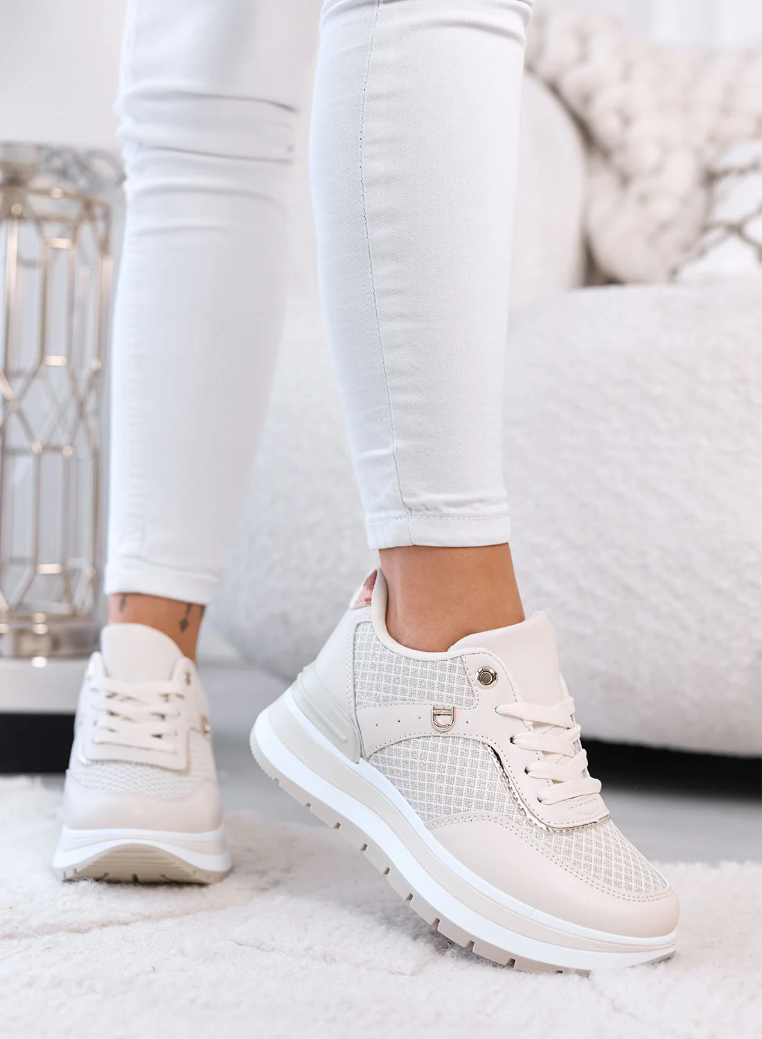AGATA - Sneakers Platform Beige con Dettagli in Tessuto laminato - Image 3