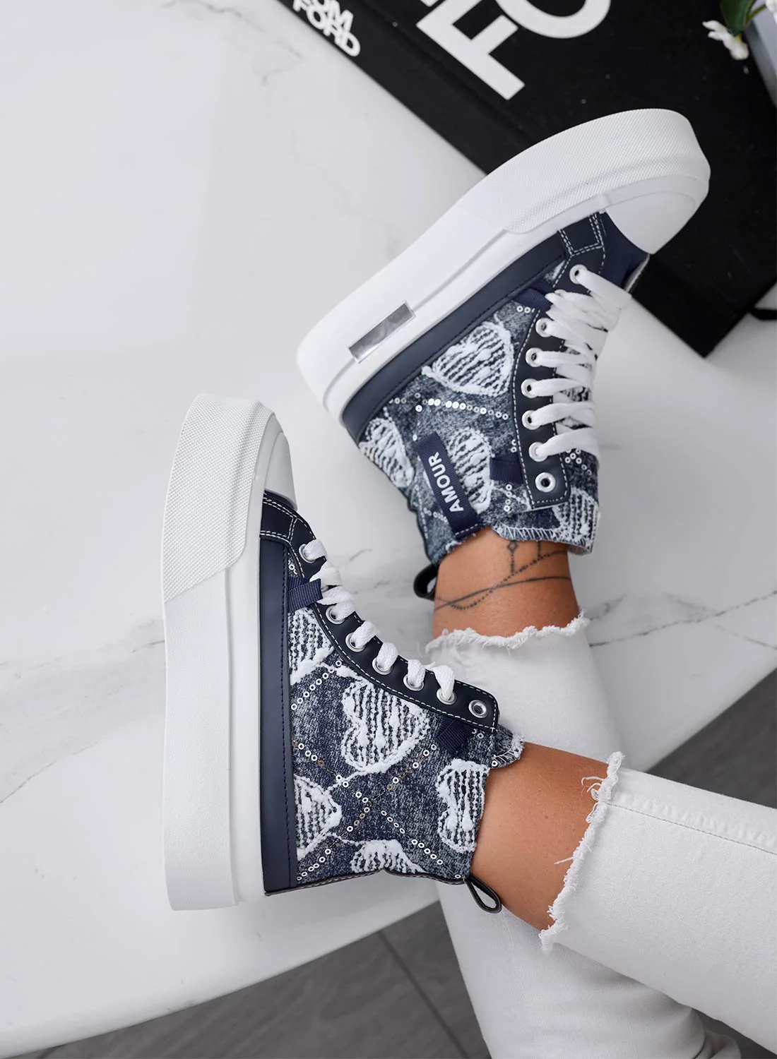 BARTH - Sneakers alte blu jeans scuro a fantasia - Image 3