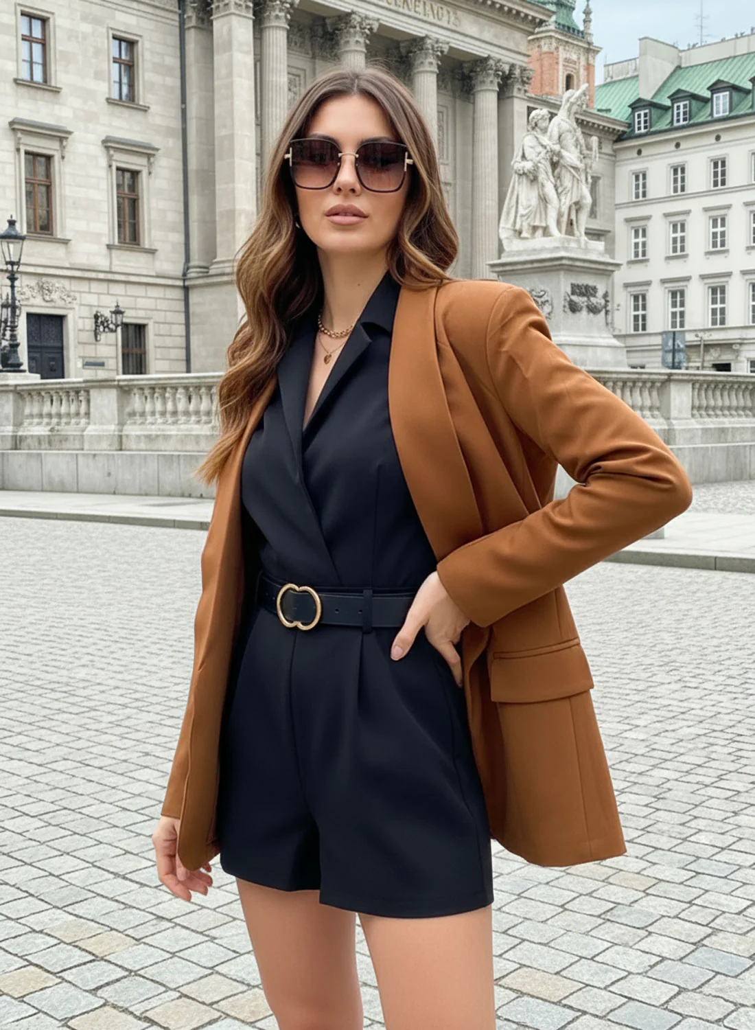 Blazer camel elegante con tasche frontali