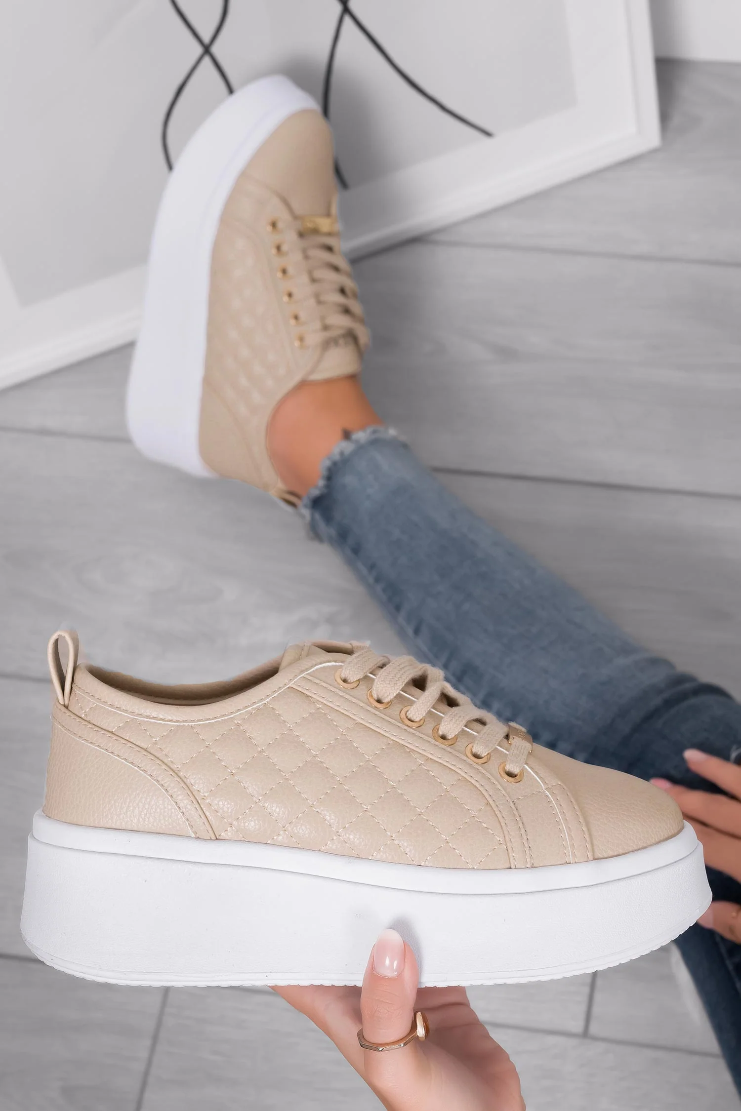 DALILA - Sneakers platform Alexoo con suola alta trapuntate beige - Image 4