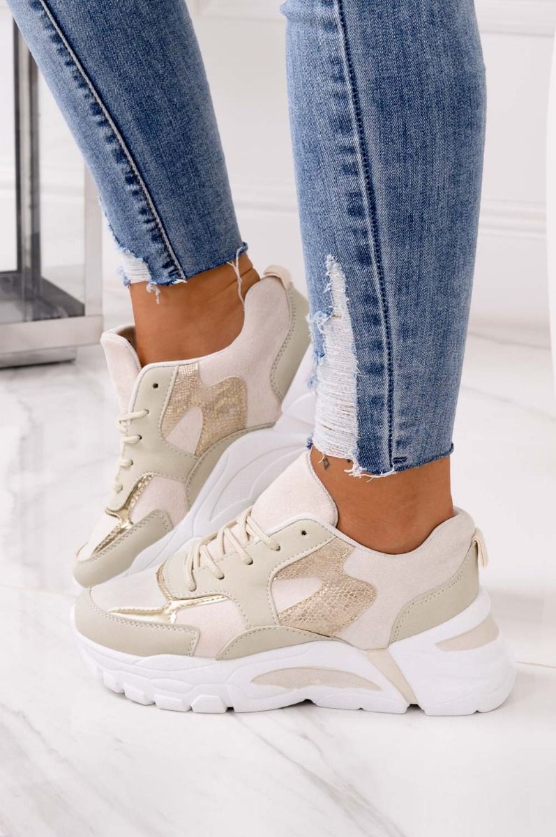Sneakers beige con suola spessa e inserti oro - Image 3