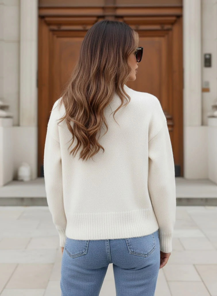 Maglione beige con perle e fiocchi rosa - Image 3