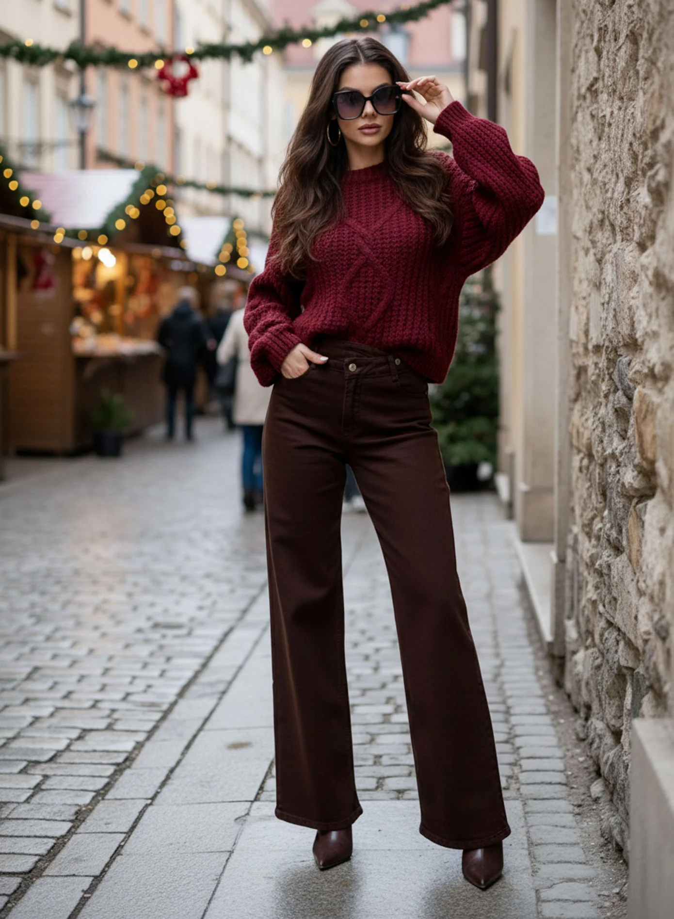 Maglione bordeaux morbido a trama intrecciata - Image 2