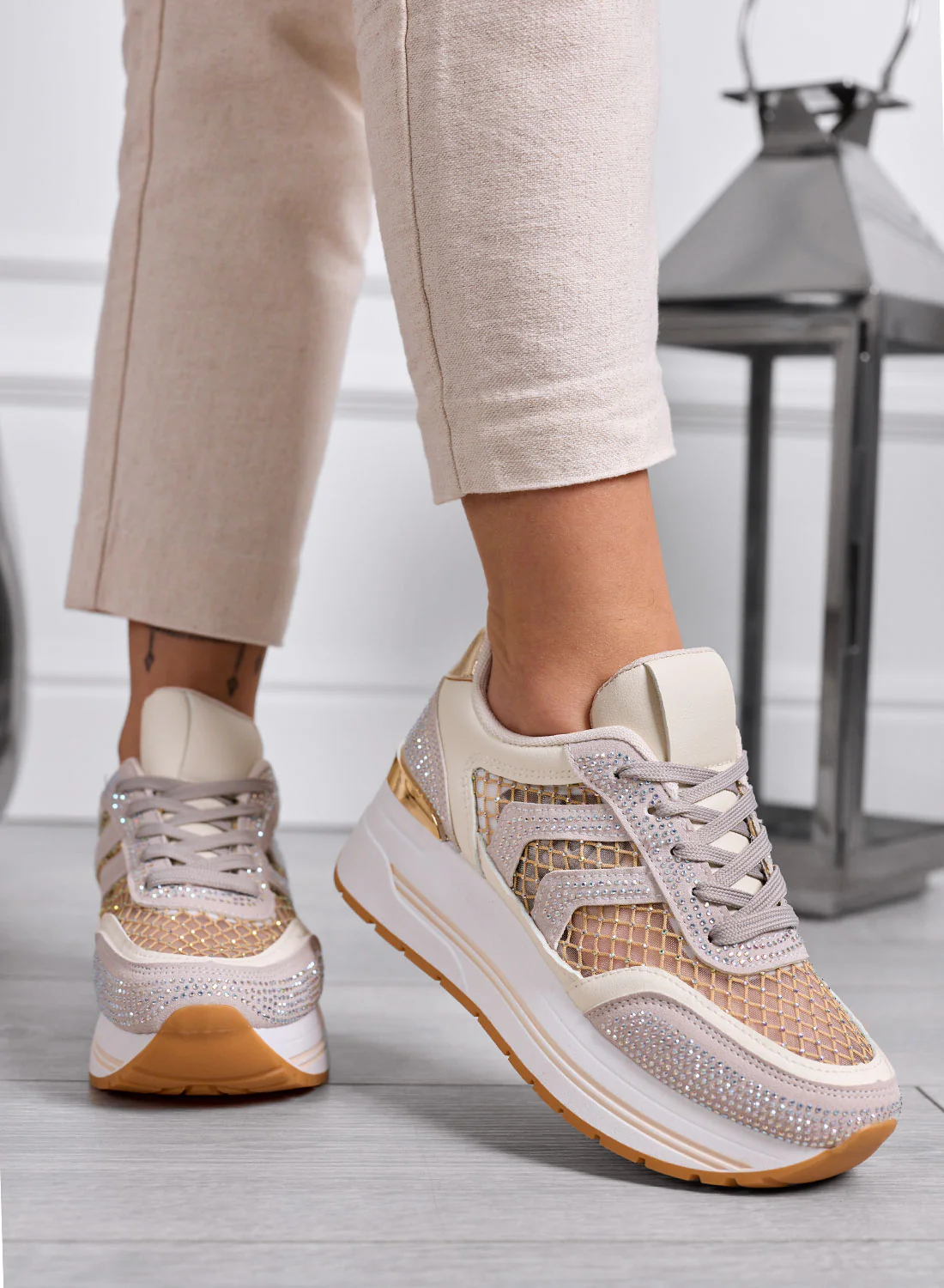 MIRANDA - Sneakers beige Platform con Inserti Rete e Strass - Image 2
