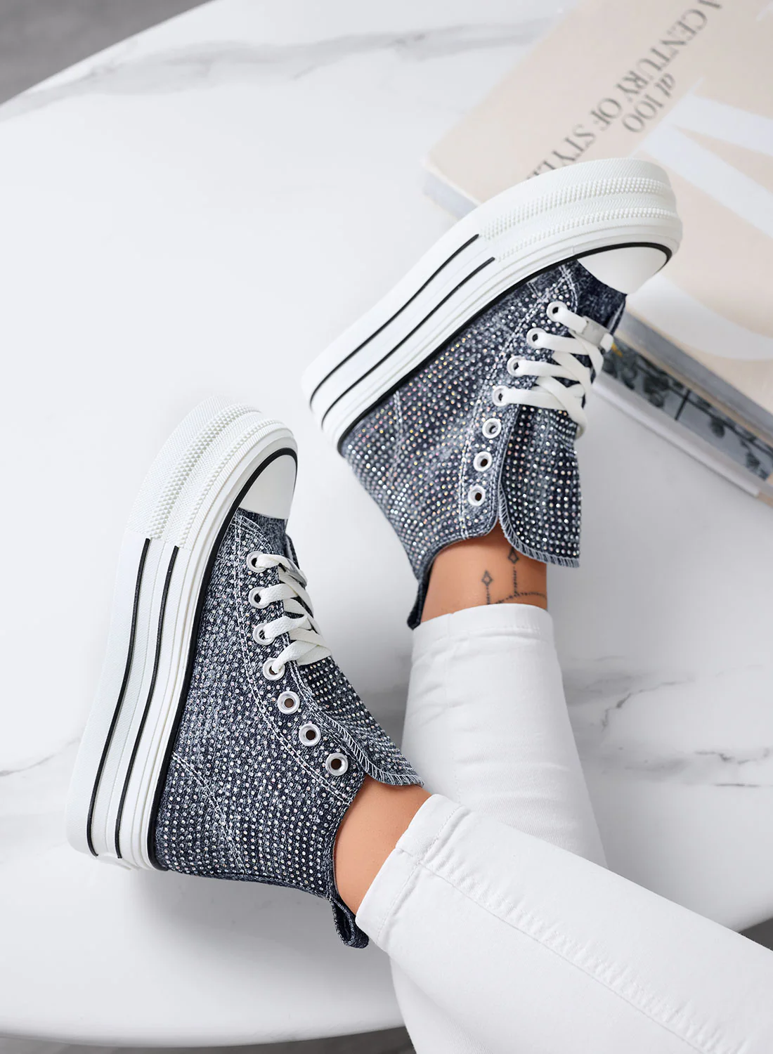 OLGA - Sneakers blu jeans alte con strass e suola platform - Image 3
