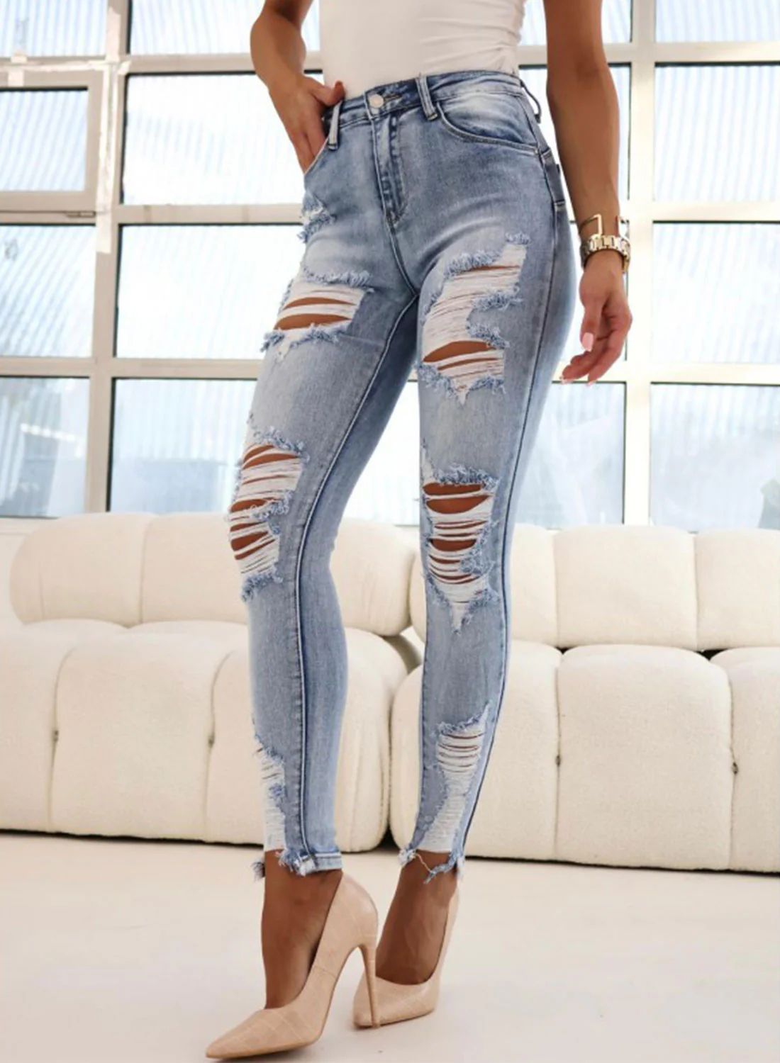 Pantalone blu jeans skinny con strappi - Image 4