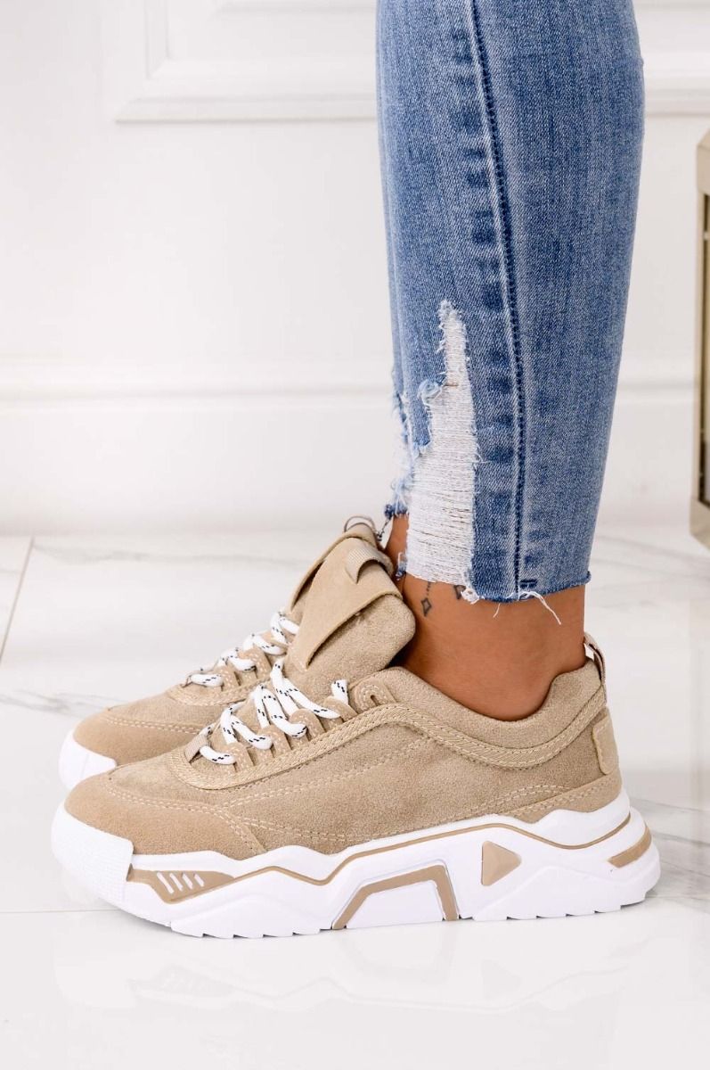 Sneakers beige scamosciate con suola spessa e lacci - Image 5