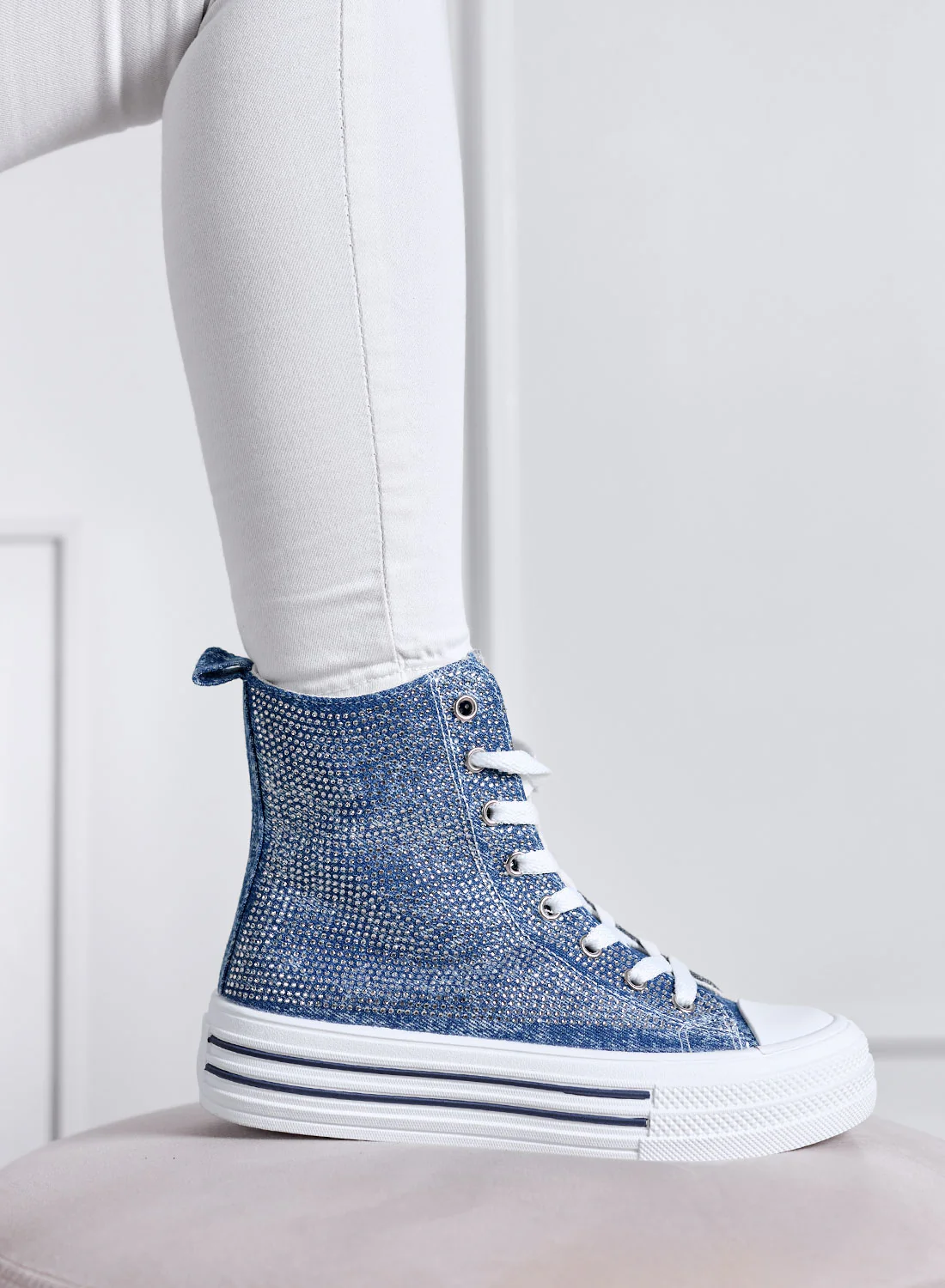 ROSALIA - Sneakers Alte Blu jeans con Strass e Suola Platform - Image 4