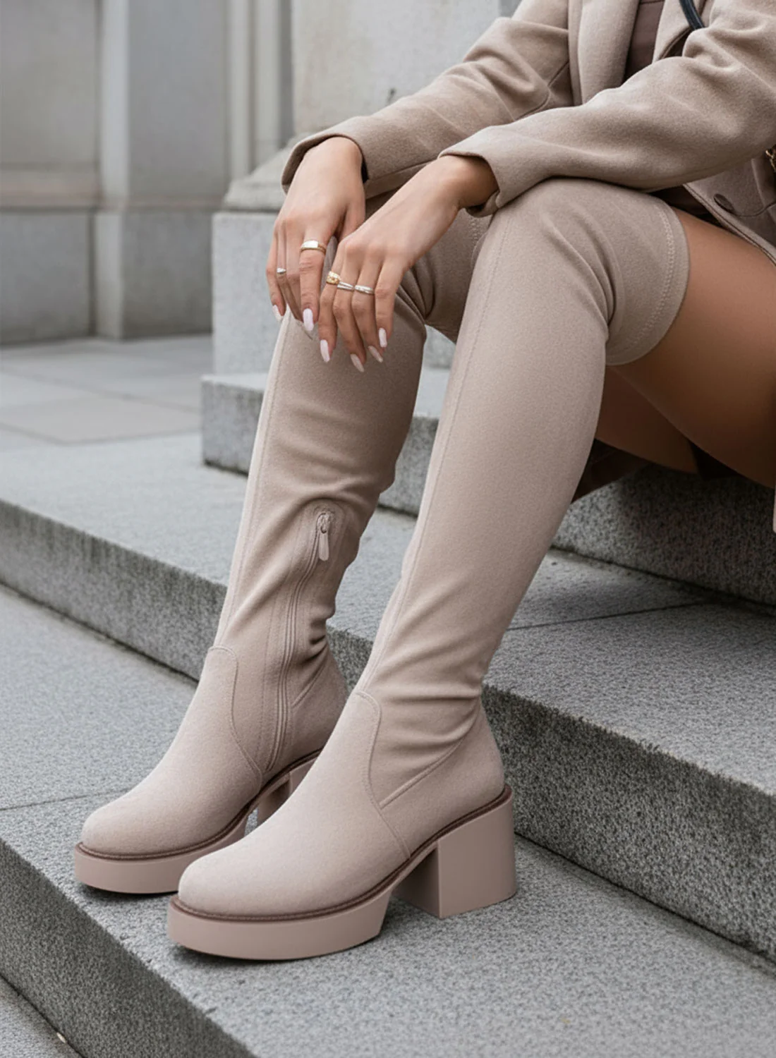 SLOANE - Stivali Alexoo beige scamosciati alla coscia - Image 8