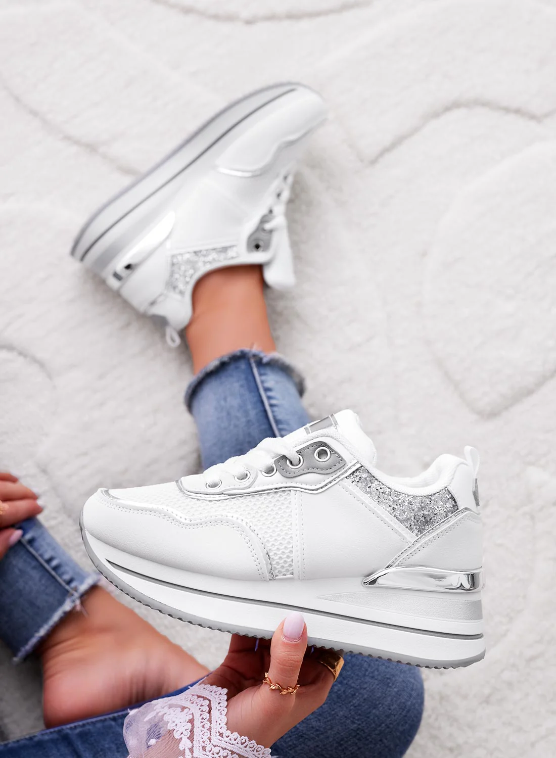 VALDA - Sneakers bianche con inserti glitter argento - Image 5